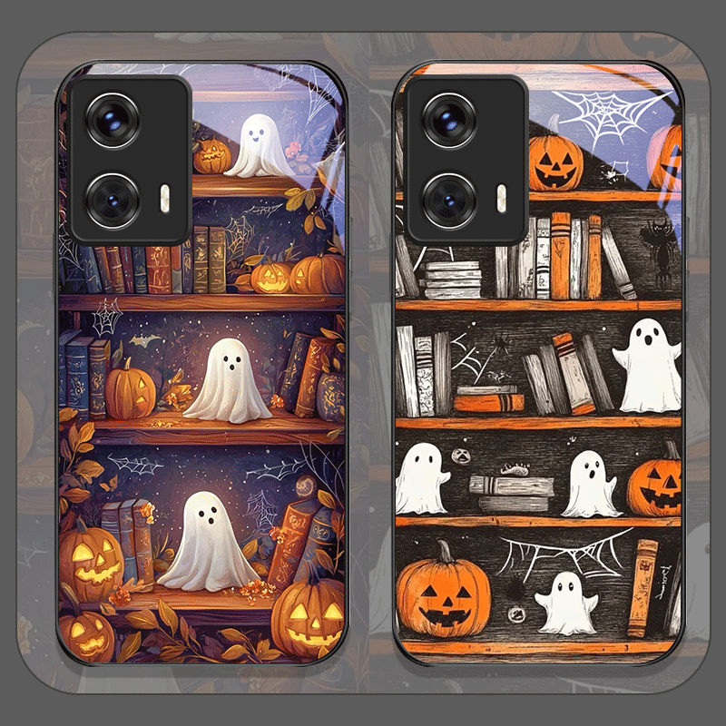 Phone Cases Motorola - Halloween Pumpkin Ghost Bookshelf Tempered Glass