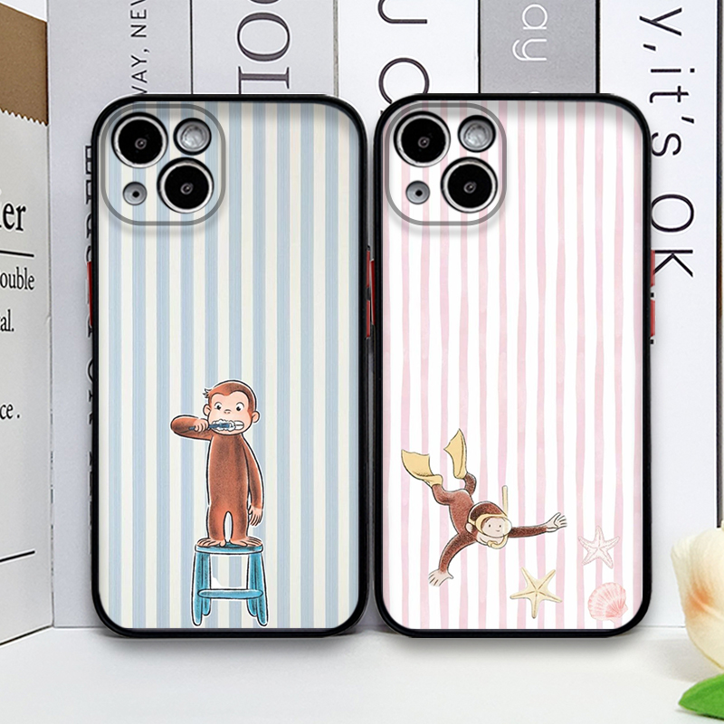 Phone Cases Iphone 16 - Cartoon Striped Monkey Holding Cat Phone